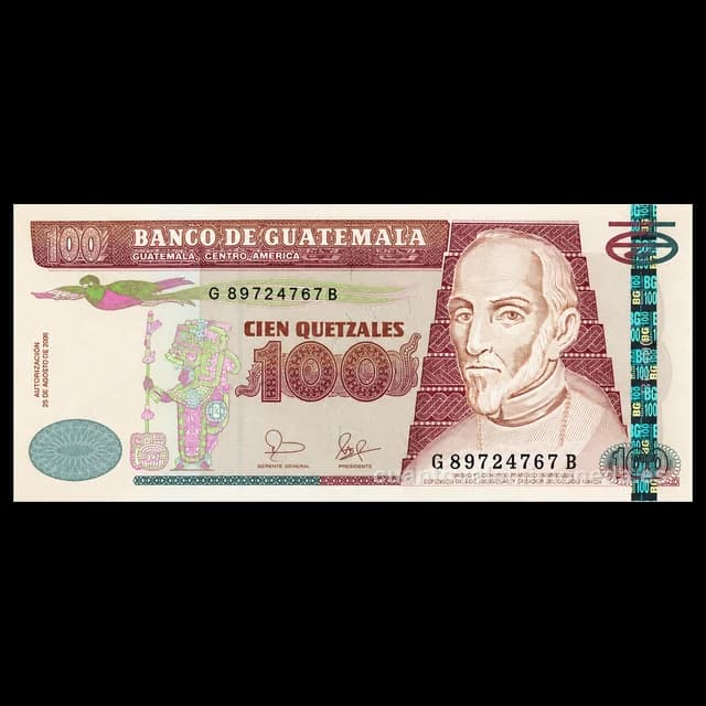 Imagen orientativa: Billete de 100 quetzales Guatemala (obispo Francisco Marroquín)