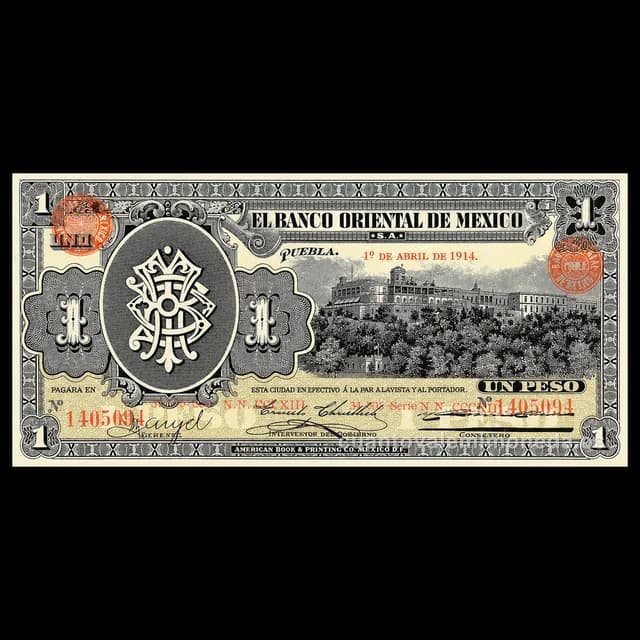 Imagen orientativa: Billete de 1 peso del Banco Oriental de México, Puebla (1914)