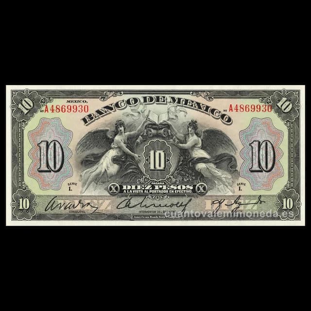 Imagen orientativa: Billete de 10 pesos de 1925-1934 (primera serie del Banco de México)