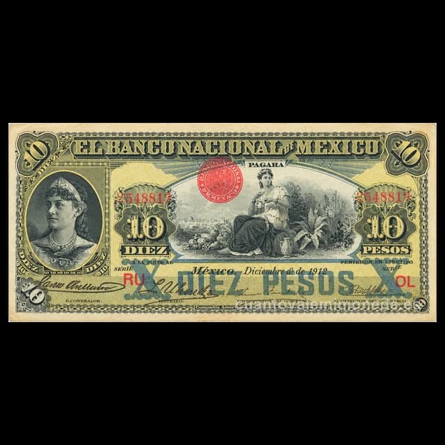 Imagen orientativa: Billete de 10 pesos del Banco Nacional de México (1885-1913)