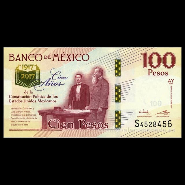 Imagen orientativa: Billete de 100 pesos conmemorativo del Centenario de la Constitución de 1917