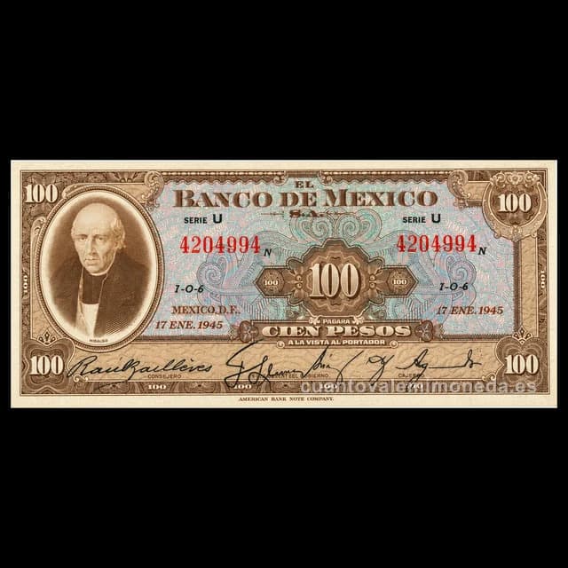 Imagen orientativa: Billete de 100 pesos de Miguel Hidalgo (1945-1975)