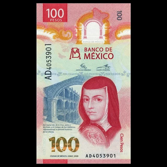 Imagen orientativa: Billete de 100 pesos de Sor Juana y la mariposa monarca (familia G, 2020-hoy)