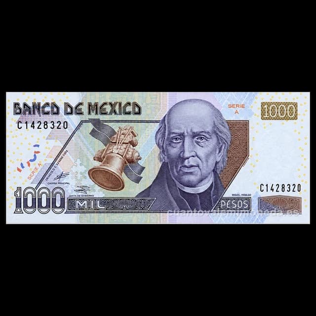 Imagen orientativa: Billete de 1000 pesos de Miguel Hidalgo (serie D, 2004)
