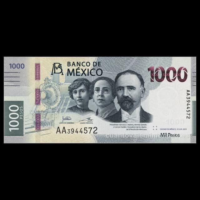 Imagen orientativa: Billete de 1000 pesos de Madero, Hermila Galindo y Carmen Serdán (familia G, 2020-hoy)