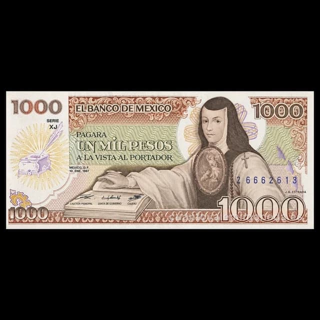 Imagen orientativa: Billete de 1000 pesos de Sor Juana Inés de la Cruz (1978-1985)