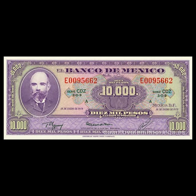 Imagen orientativa: Billete de 10.000 pesos de Matías Romero, fechas 1943-1953