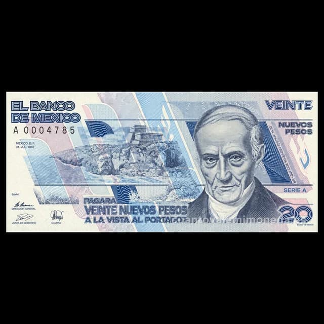 Imagen orientativa: Billete de 20 nuevos pesos de Andrés Quintana Roo (serie B, 1992)