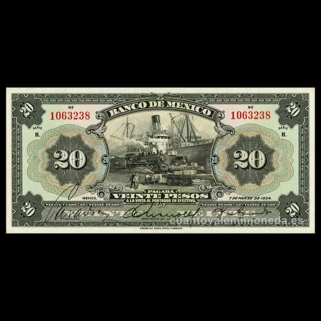 Imagen orientativa: Billete de 20 pesos de 1925-1934 (primera serie del Banco de México)