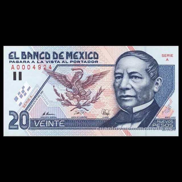 Imagen orientativa: Billete de 20 nuevos pesos de Benito Juárez (serie C, 1994)