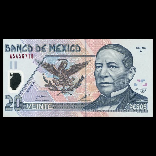Imagen orientativa: Billete de 20 pesos de Benito Juárez de polímero (serie D1, 2001-2006)