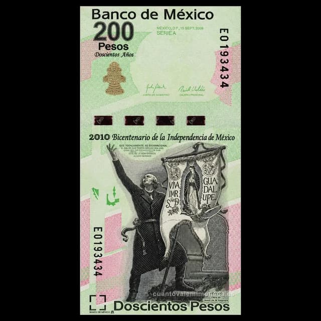 Imagen orientativa: Billete de 200 pesos conmemorativo del Bicentenario de la Independencia (2009-2010)