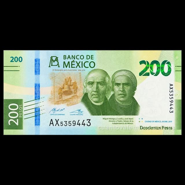 Imagen orientativa: Billete de 200 pesos de Hidalgo y Morelos (familia G, 2019-hoy)