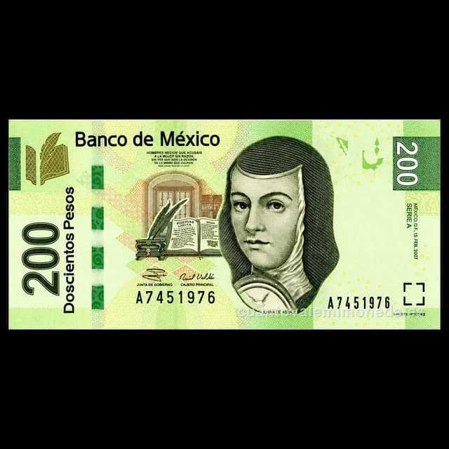 Imagen orientativa: Billete de 200 pesos de Sor Juana (familia F, 2008-2019)