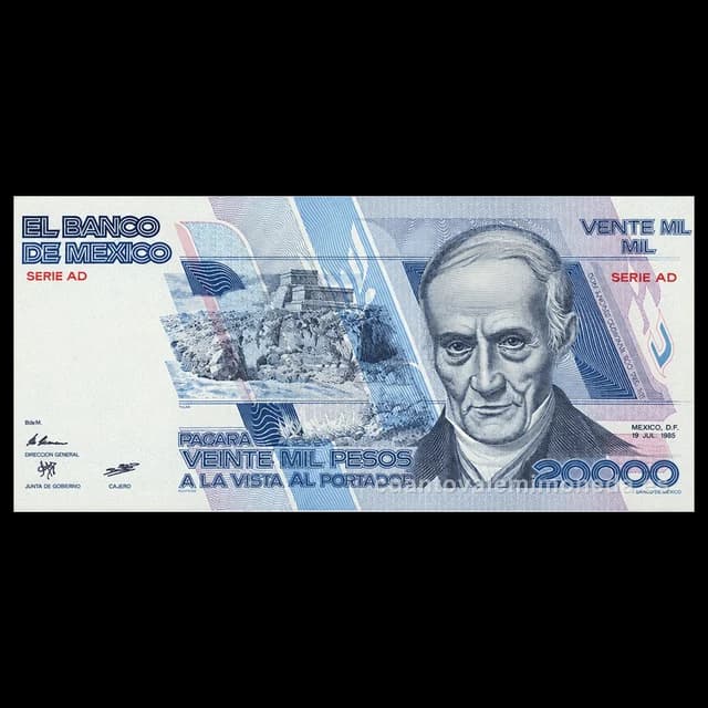 Imagen orientativa: Billete de 20.000 pesos de Andrés Quintana Roo (1985-1989)