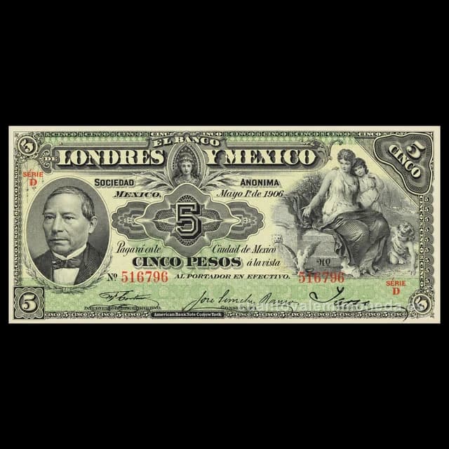 Imagen orientativa: Billete de 5 pesos del Banco de Londres y México (1889-1913)