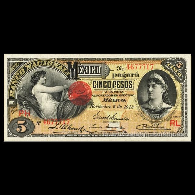 Imagen orientativa: Billete de 5 pesos del Banco Nacional de México (1885-1913)
