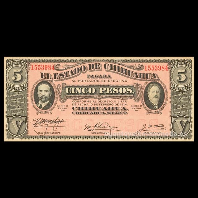 Imagen orientativa: Billete de 5 pesos «dos caritas» del Estado de Chihuahua (1914-1915)
