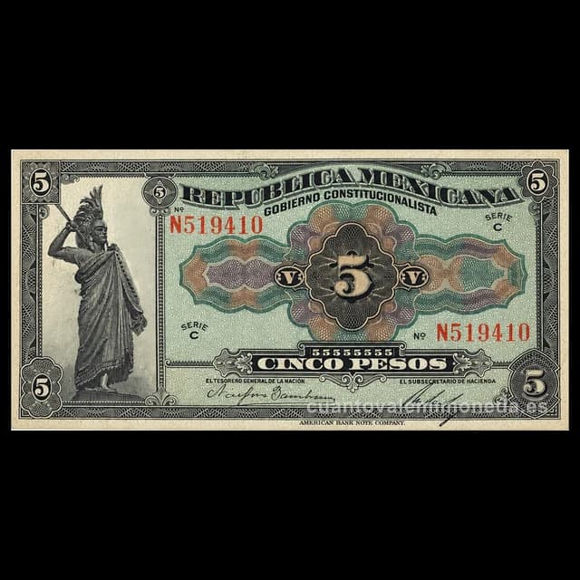 Imagen orientativa: Billete de 5 pesos «infalsificable» del Gobierno Constitucionalista (1915)