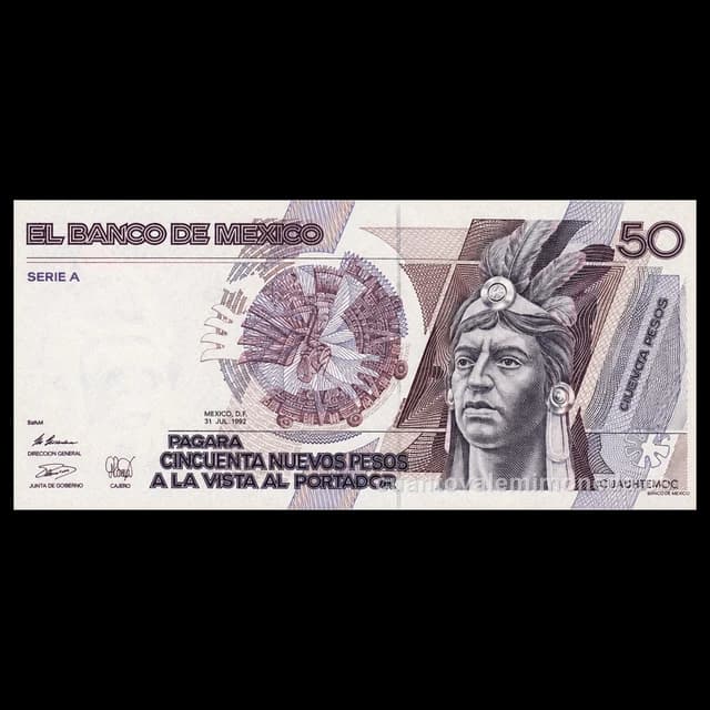 Imagen orientativa: Billete de 50 nuevos pesos de Cuauhtémoc (serie B, 1992)