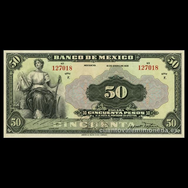 Imagen orientativa: Billete de 50 pesos de 1925-1934 (primera serie del Banco de México)
