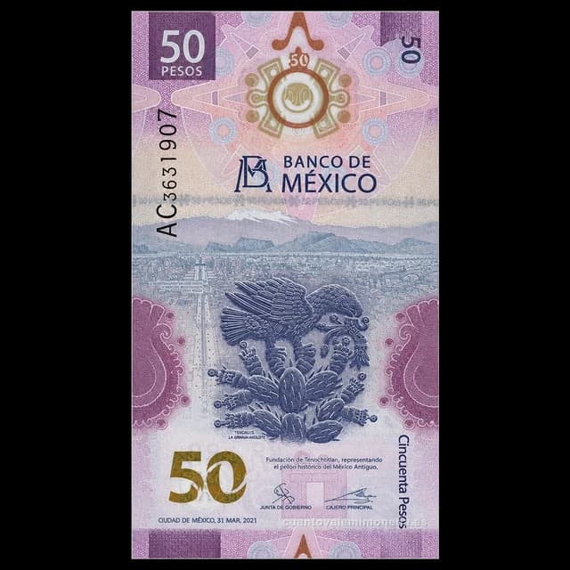 Imagen orientativa: Billete de 50 pesos del ajolote (familia G, 2021-hoy)