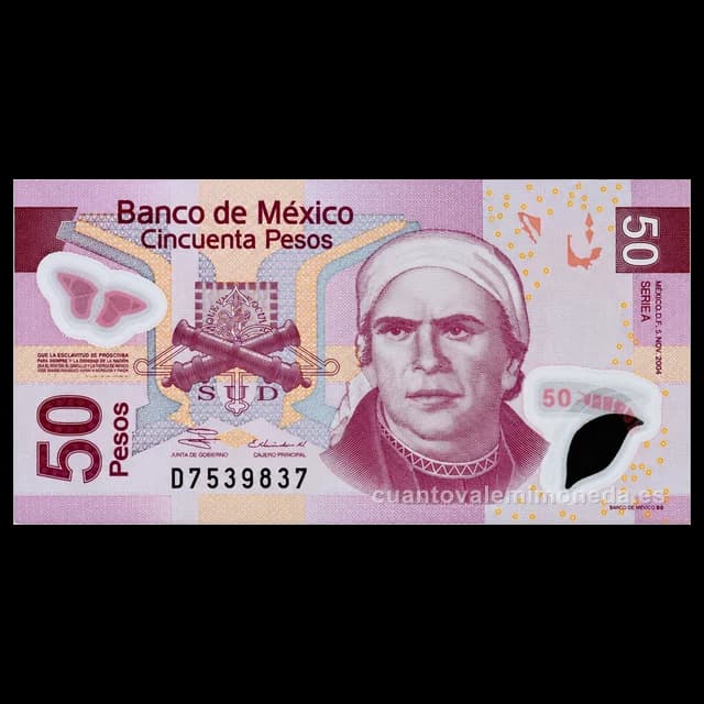 Imagen orientativa: Billete de 50 pesos de Morelos de polímero (familias F y F1, 2006-2021)