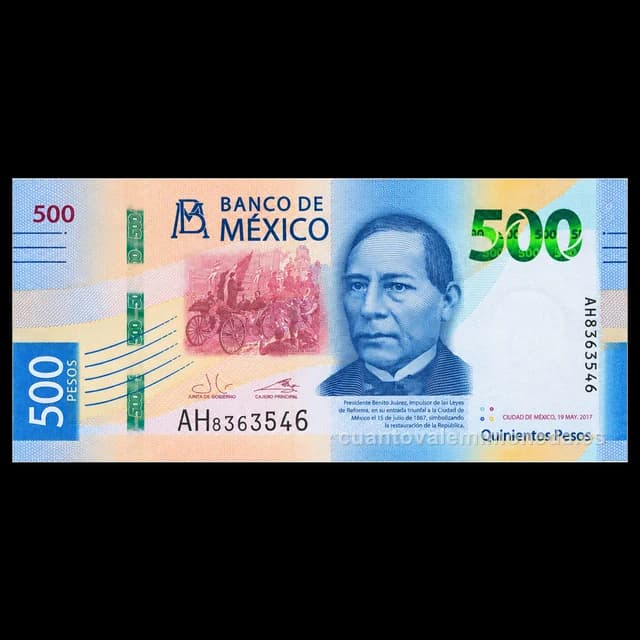 Imagen orientativa: Billete de 500 pesos de Benito Juárez y la ballena gris (familia G, 2018-hoy)
