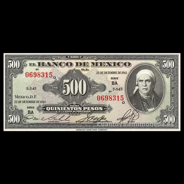 Imagen orientativa: Billete de 500 pesos de José María Morelos (1940-1978)