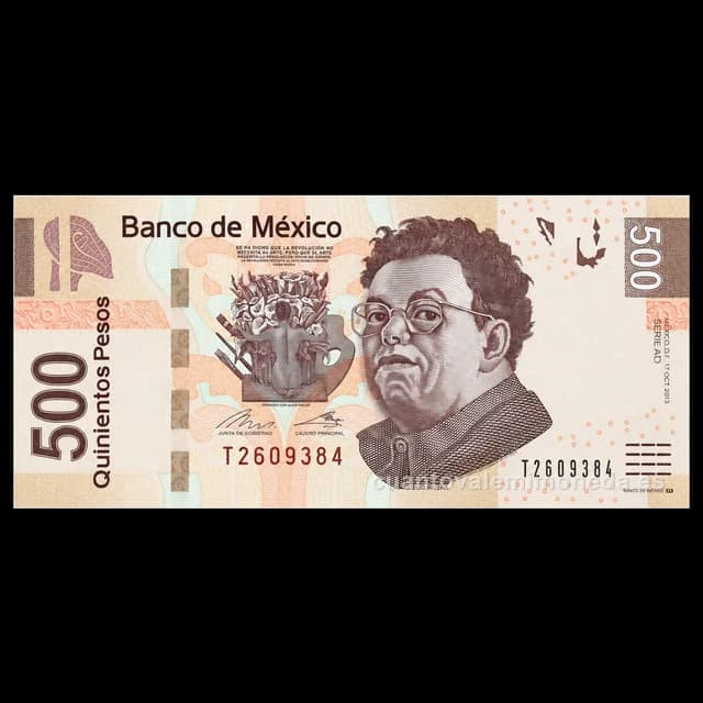 Imagen orientativa: Billete de 500 pesos de Diego Rivera y Frida Kahlo (familia F, 2010-2018)
