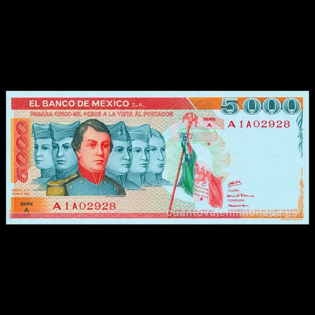 Imagen orientativa: Billete de 5000 pesos de los Niños Héroes (1980-1989)
