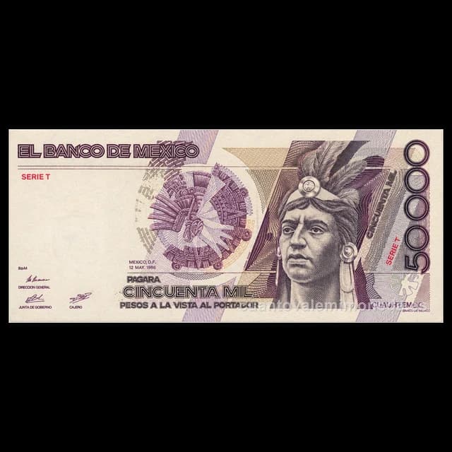 Imagen orientativa: Billete de 50.000 pesos de Cuauhtémoc (1986-1990)