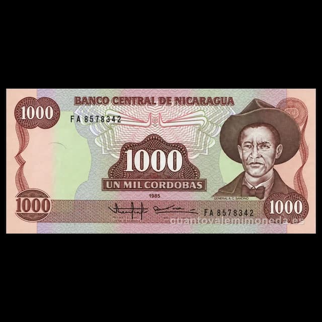 Imagen orientativa: Billete de 1000 córdobas Nicaragua 1985 (Augusto C. Sandino)