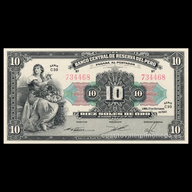 Imagen orientativa: Billete de 10 soles (de oro) 1933-1947, Banco Central de Reserva del Perú