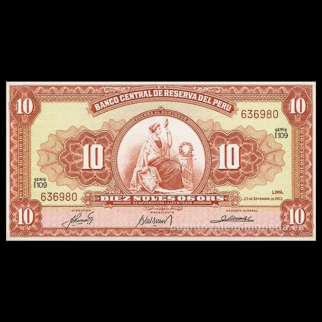 Imagen orientativa: Billete de 10 soles de oro 1962-1968 (Libertad sentada, naranja)
