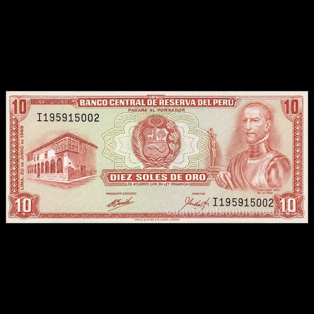 Imagen orientativa: Billete de 10 soles de oro 1968-1976 (Inca Garcilaso de la Vega)