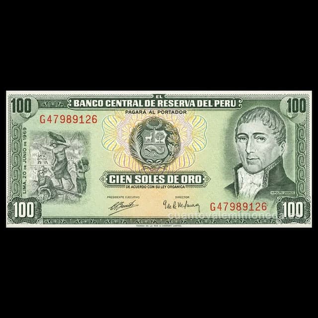 Imagen orientativa: Billete de 100 soles de oro 1968-1975 (Hipólito Unanue)
