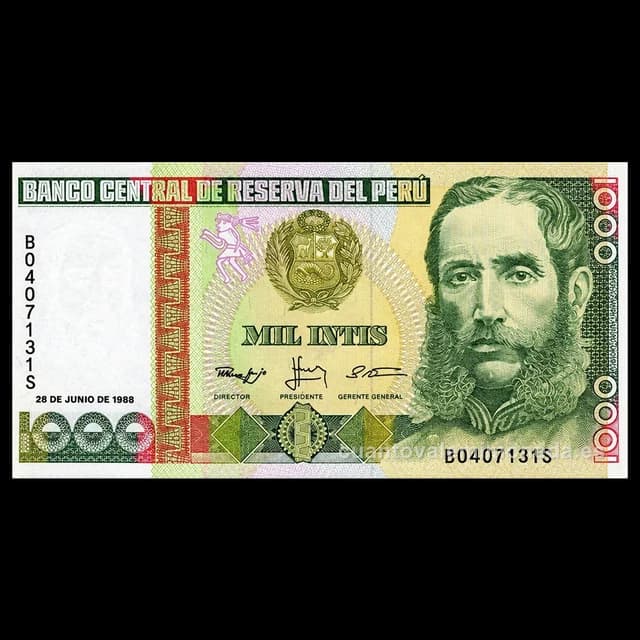 Imagen orientativa: Billete de 1.000 intis 1986-1988 (mariscal Andrés Avelino Cáceres)