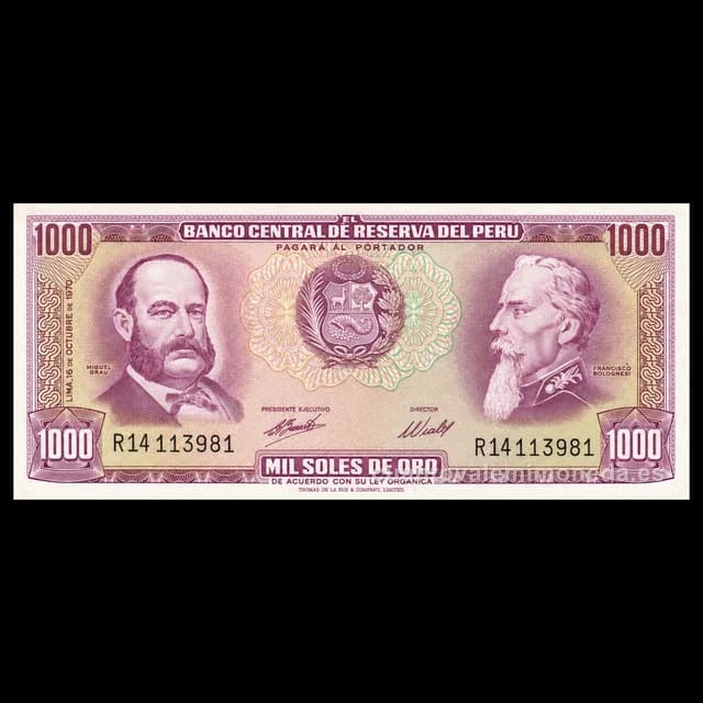 Imagen orientativa: Billete de 1000 soles de oro 1968-1975 (Grau y Bolognesi, Machu Picchu)