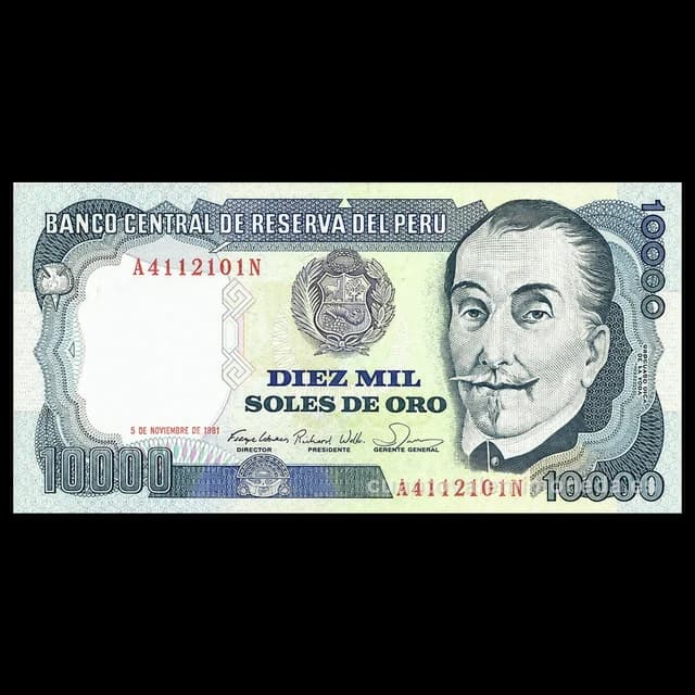 Imagen orientativa: Billete de 10.000 soles de oro 1979-1981 (Inca Garcilaso de la Vega)