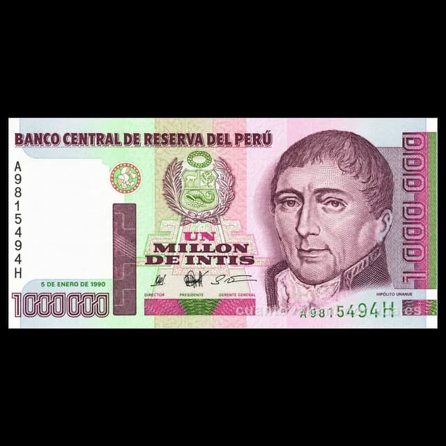 Imagen orientativa: Billete de 1.000.000 intis 1990 (Hipólito Unanue)