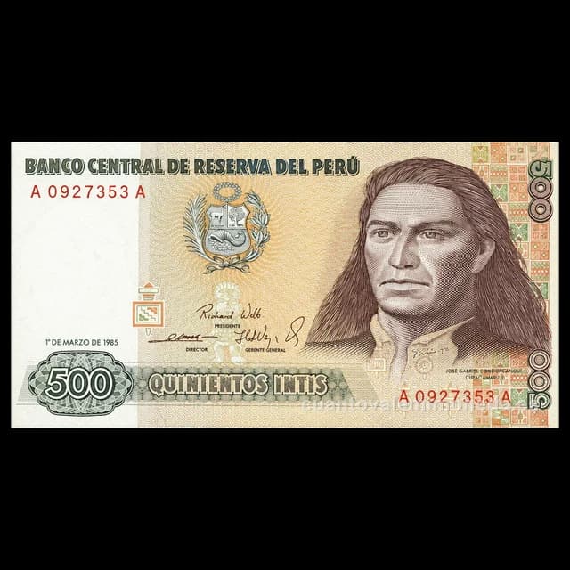 Imagen orientativa: Billete de 500 intis 1985-1987 (José Gabriel Condorcanqui, Túpac Amaru II)