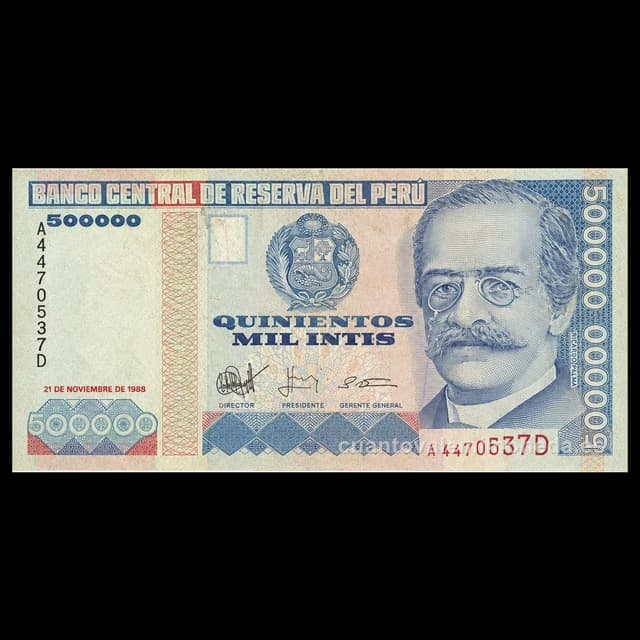 Imagen orientativa: Billete de 500.000 intis 1988-1989 (Ricardo Palma)