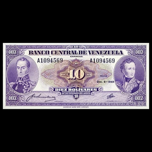 Imagen orientativa: Billete de 10 bolívares 1945-1960 (Bolívar y Sucre, violeta)