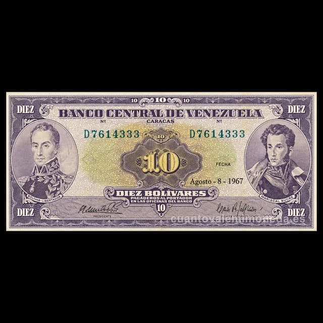 Imagen orientativa: Billete de 10 bolívares 1963-1970 (Bolívar y Sucre, «Caracas»)