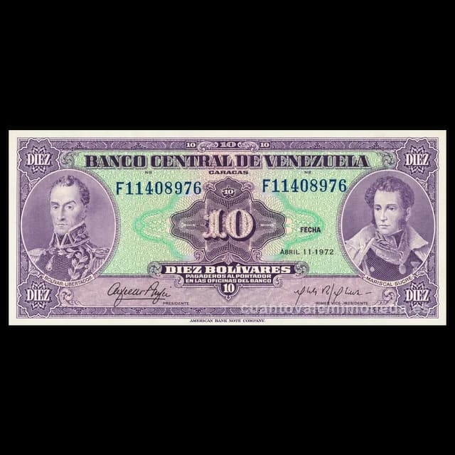 Imagen orientativa: Billete de 10 bolívares 1971-1995 (Bolívar y Sucre, fondo turquesa)