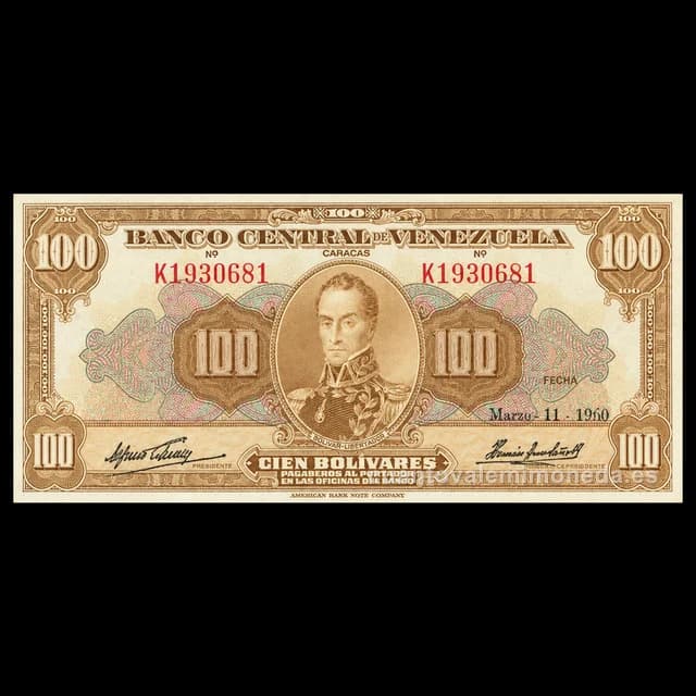 Imagen orientativa: Billete de 100 bolívares 1940-1962 (Bolívar en óvalo, marrón)