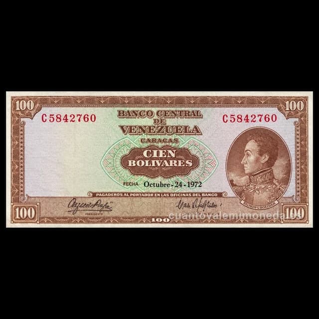 Imagen orientativa: Billete de 100 bolívares 1963-1973 (Bolívar de Roulin, marrón)