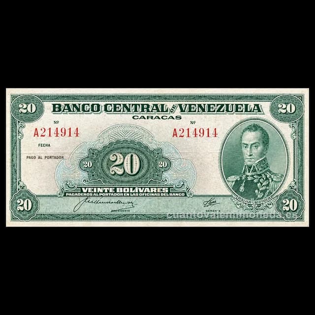 Imagen orientativa: Billete de 20 bolívares 1941-1959 (Bolívar, verde)