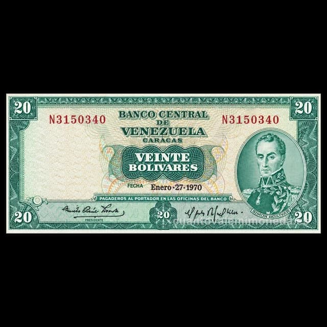 Imagen orientativa: Billete de 20 bolívares 1967-1974 (Bolívar, verde con fondo amarillo)